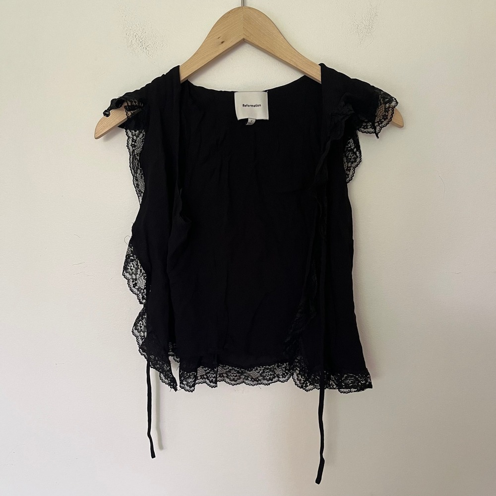 Reformation Black Lace Trim Tie Front Cropped Ruffle Blouse Top Mens Size 2